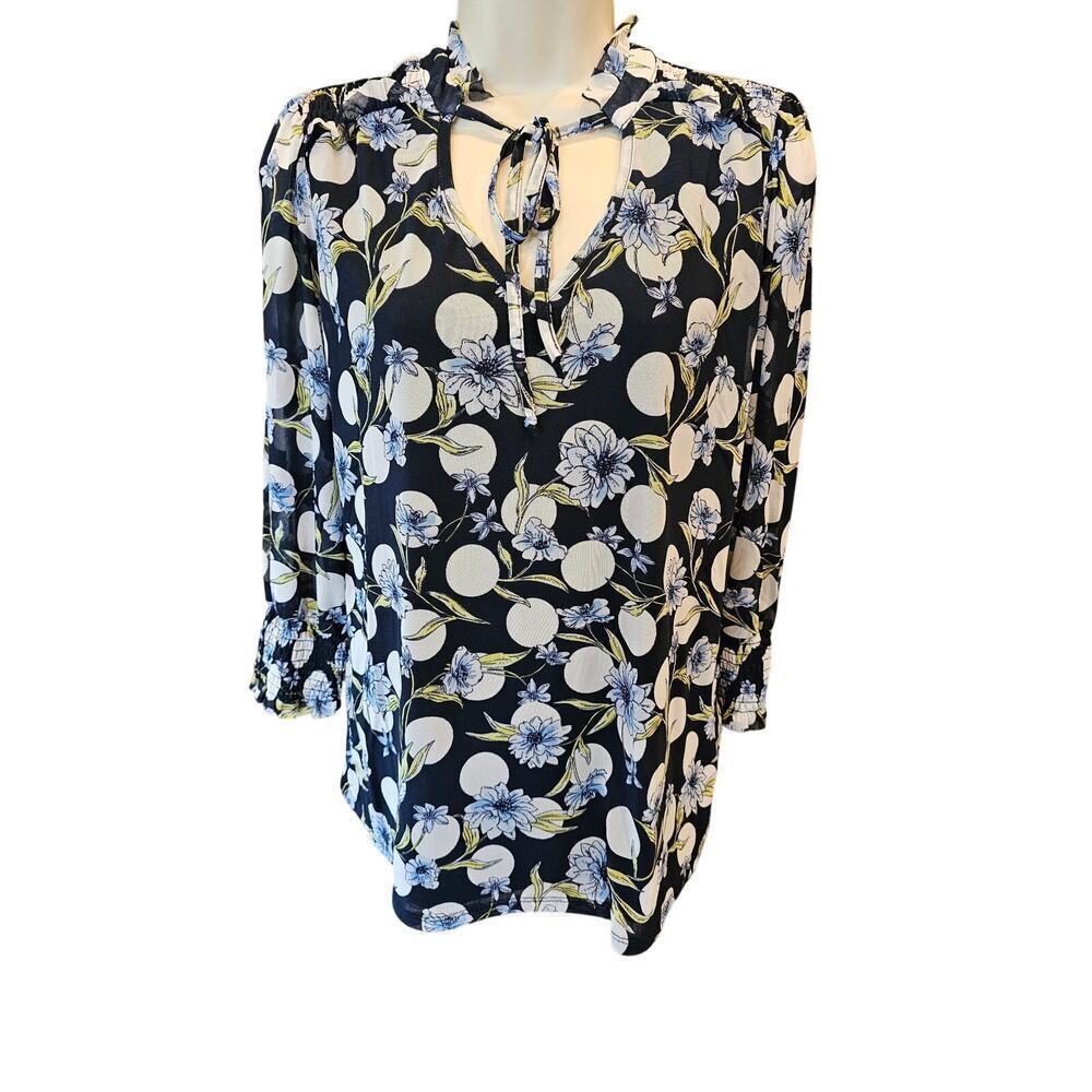 Cato S chiffon lined stretch floral cottagecore coquette top blue EUC tie collar